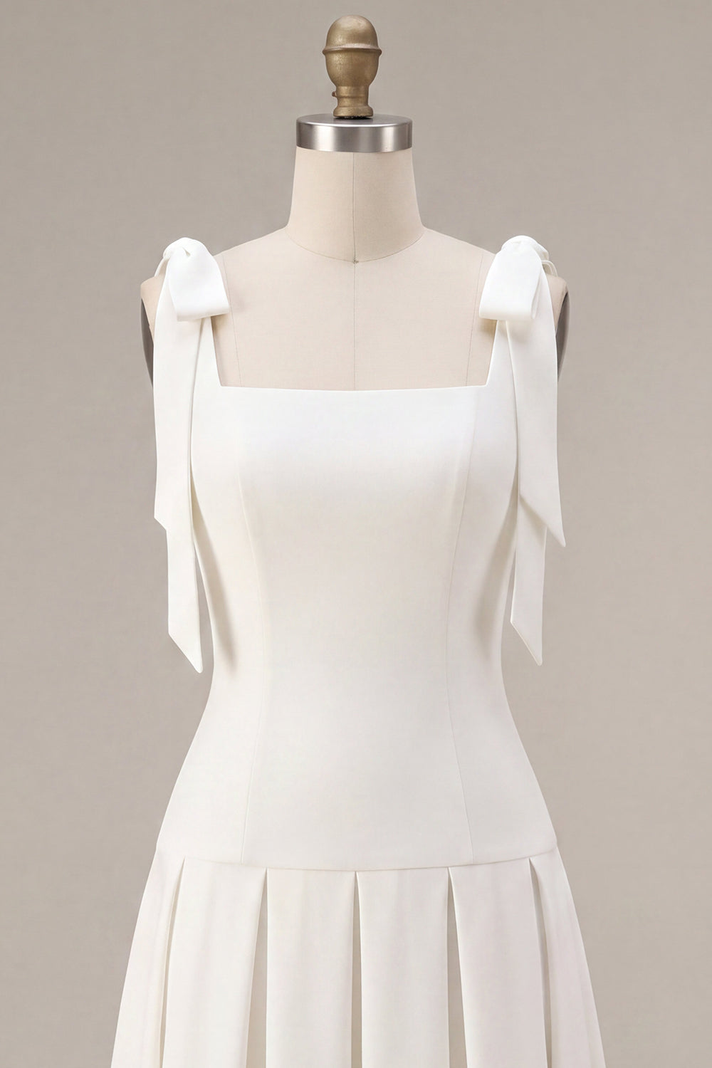 White A-Line Square Neck Ruched Midi Engagement Dress with Bows