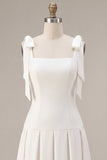 White A-Line Square Neck Ruched Midi Engagement Dress with Bows