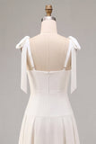 White A-Line Square Neck Ruched Midi Engagement Dress with Bows