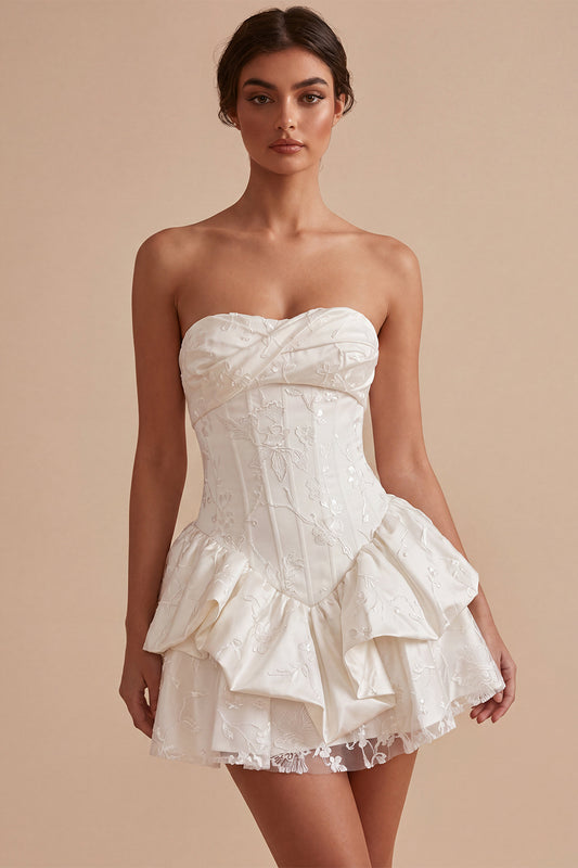 White Floral Strapless A Line Ruffled Mini Corset Graduation Dress