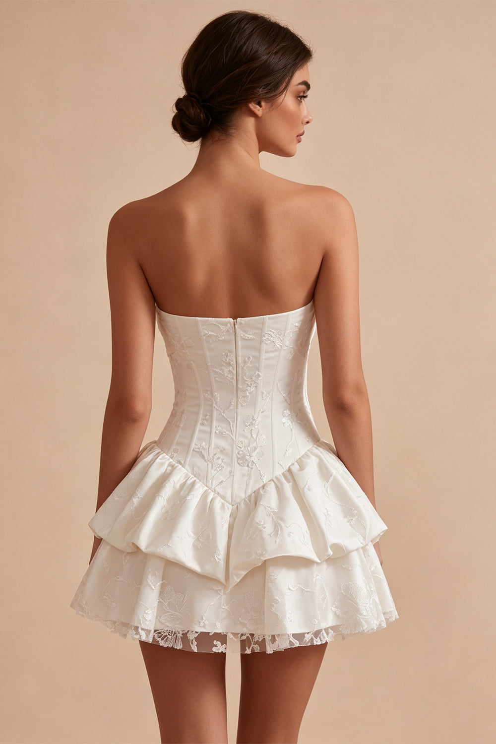 White Floral Strapless A Line Ruffled Mini Corset Graduation Dress