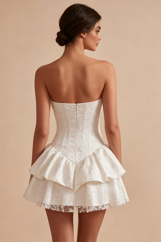 White Floral Strapless A Line Ruffled Mini Corset Graduation Dress