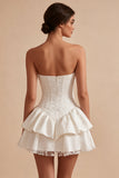White Floral Strapless A Line Ruffled Mini Corset Graduation Dress