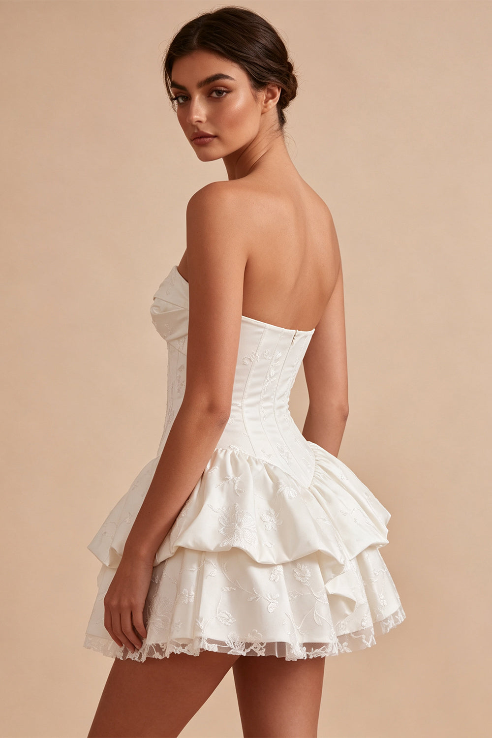 White Floral Strapless A Line Ruffled Mini Corset Graduation Dress