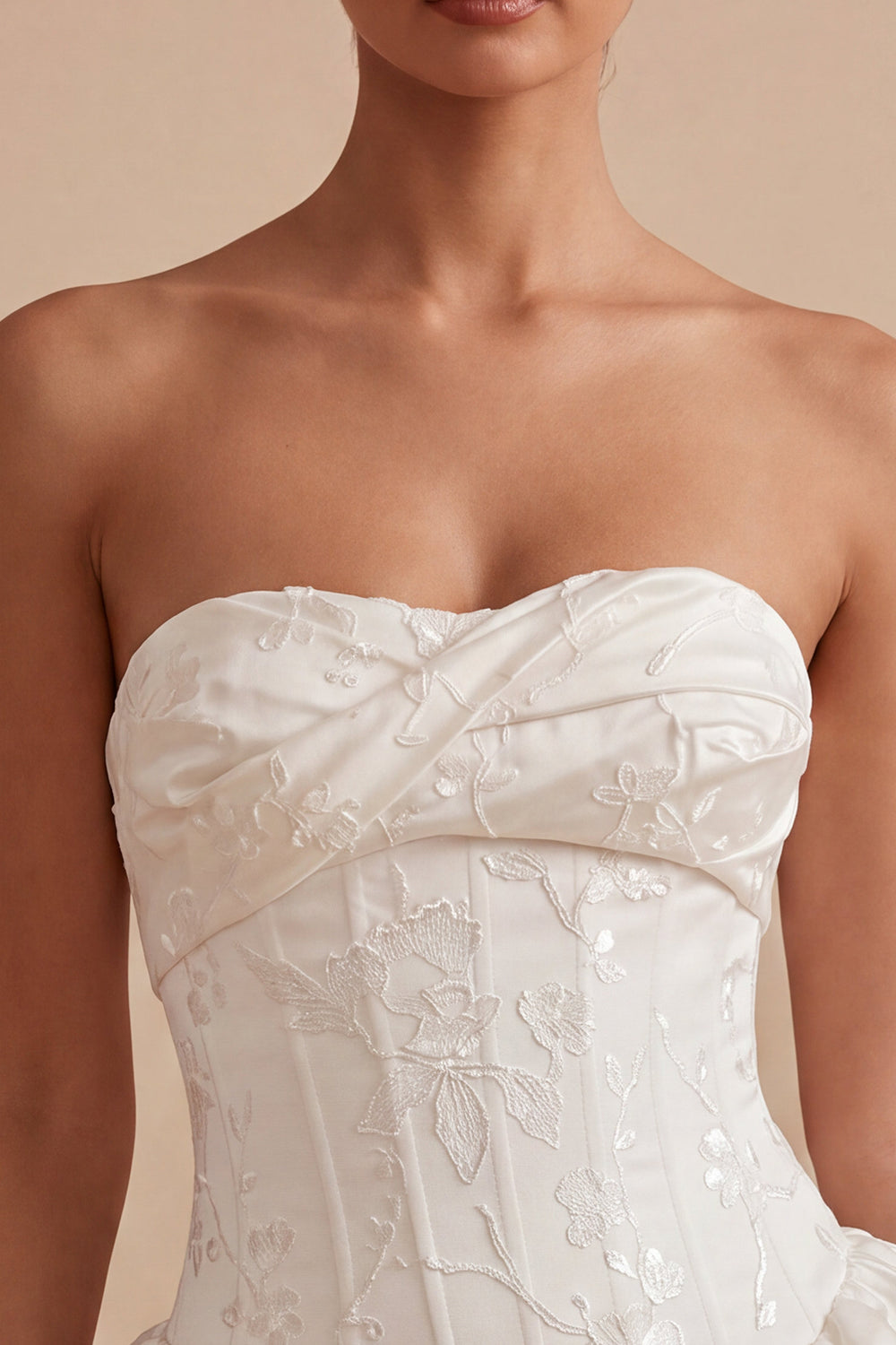 White Floral Strapless A Line Ruffled Mini Corset Graduation Dress