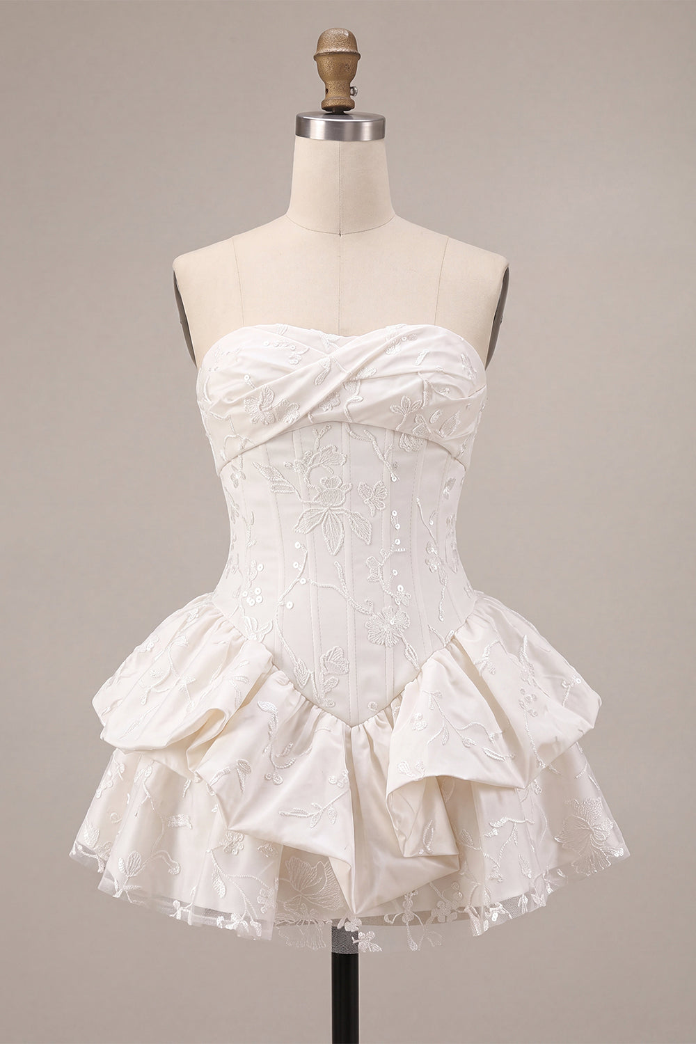 White Floral Strapless A Line Ruffled Mini Corset Graduation Dress