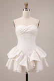White Floral Strapless A Line Ruffled Mini Corset Graduation Dress