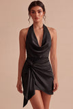 Black Tight Halter Cowl Neck Short Graduation Dress with Sash
