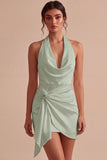 Black Tight Halter Cowl Neck Short Graduation Dress with Sash