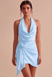 Black Tight Halter Cowl Neck Short Graduation Dress with Sash