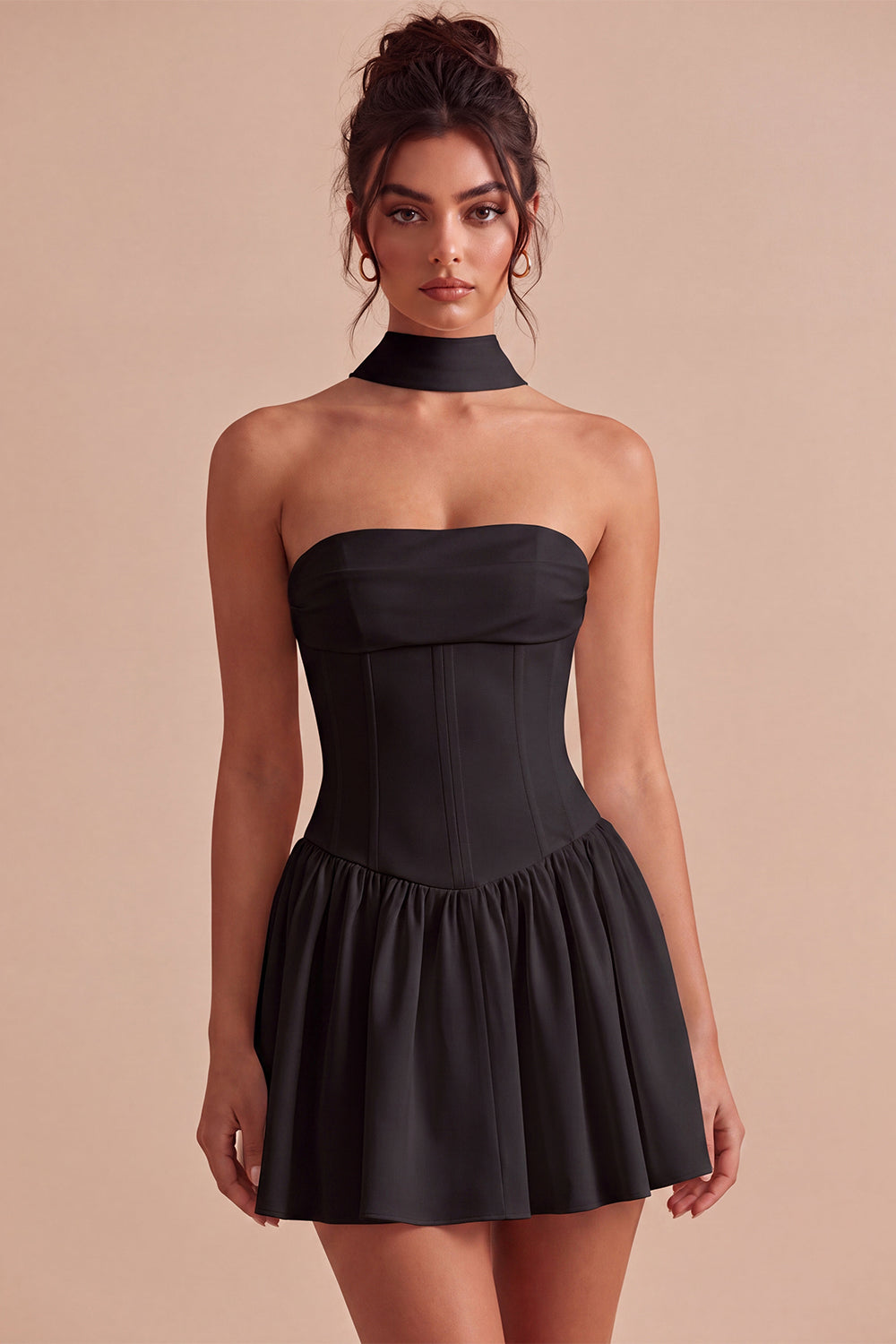 White Strapless A Line Short Corset Graduation Dress with Neck Scarf