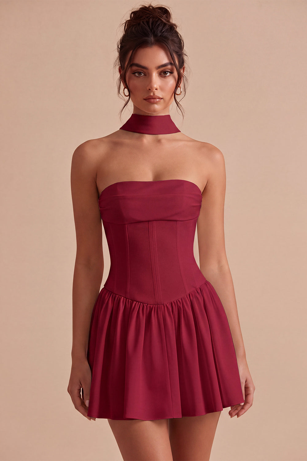 White Strapless A Line Short Corset Graduation Dress with Neck Scarf