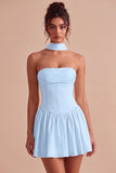 White Strapless A Line Short Corset Graduation Dress with Neck Scarf