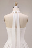 White Strapless A Line Short Corset Graduation Dress with Neck Scarf