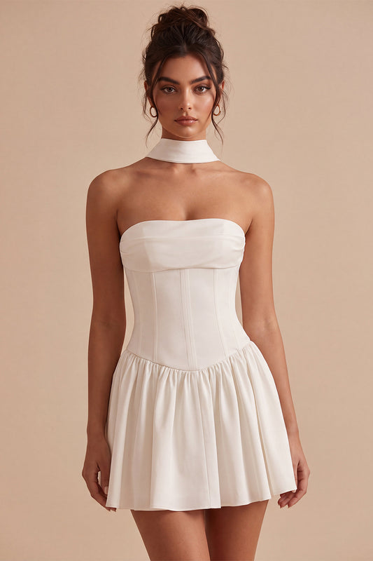 White Strapless A Line Short Corset Graduation Dress with Neck Scarf