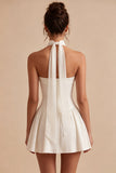 White Strapless A Line Short Corset Graduation Dress with Neck Scarf