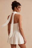 White Strapless A Line Short Corset Graduation Dress with Neck Scarf