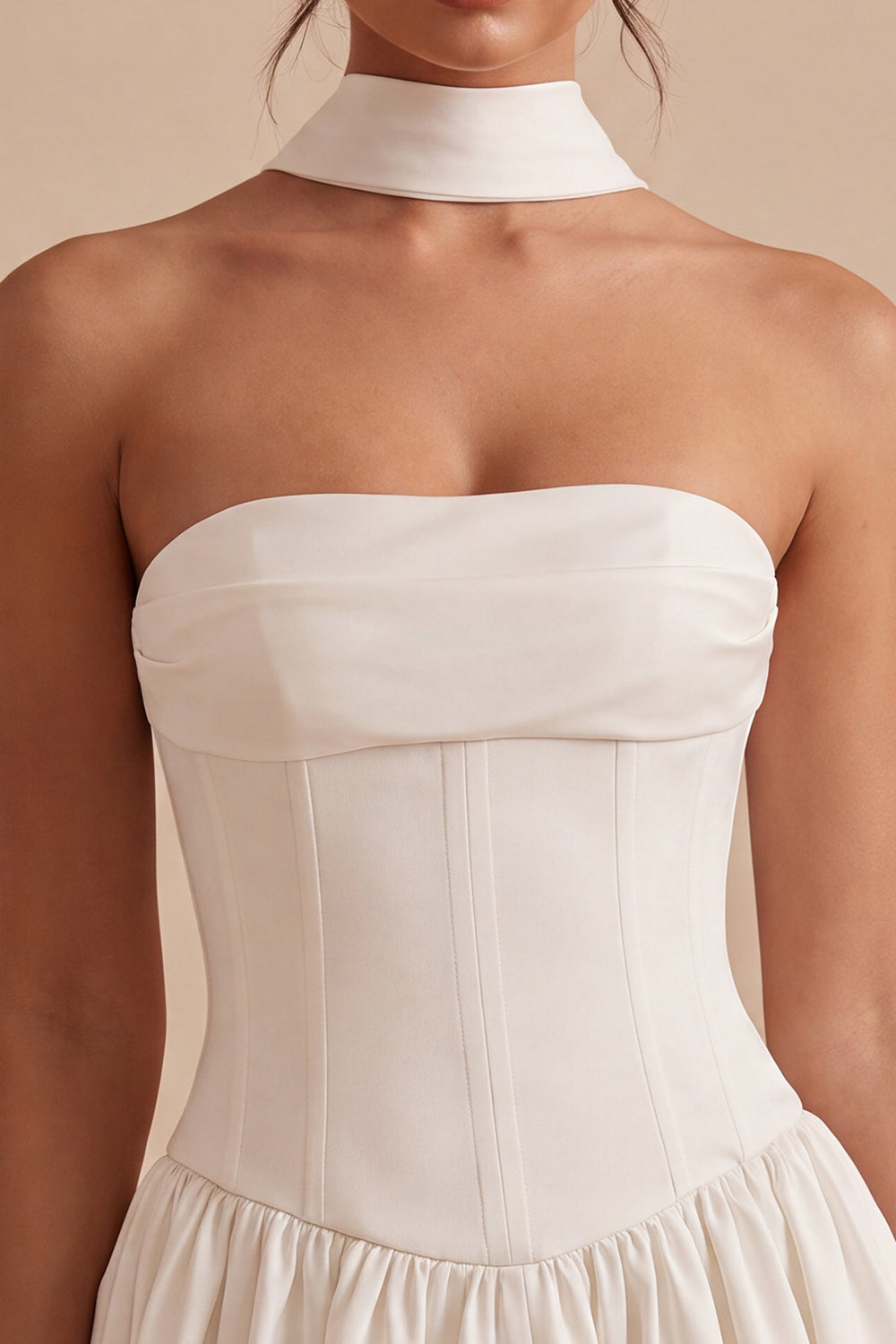 White Strapless A Line Short Corset Graduation Dress with Neck Scarf