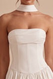White Strapless A Line Short Corset Graduation Dress with Neck Scarf