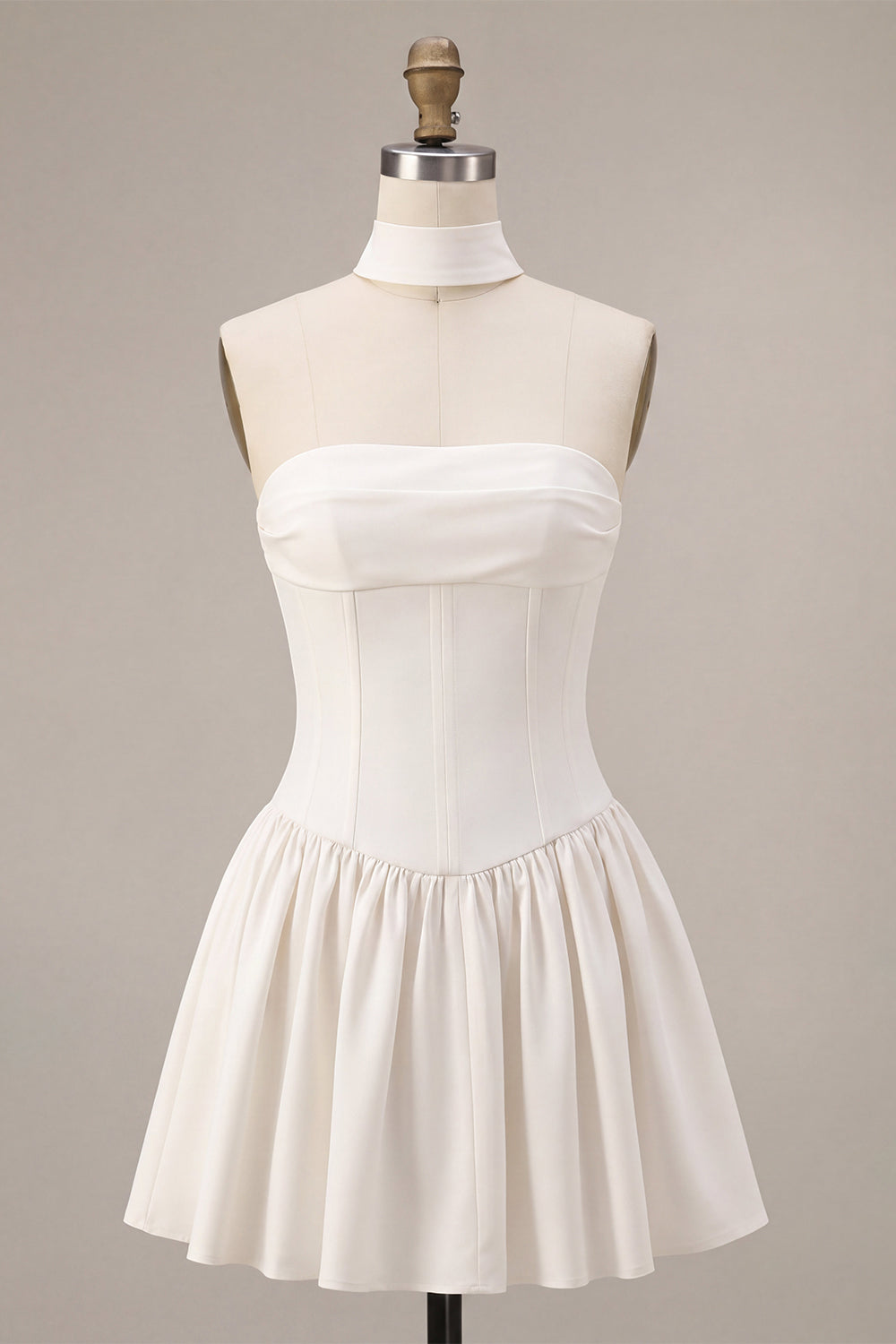 White Strapless A Line Short Corset Graduation Dress with Neck Scarf