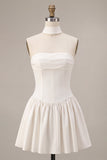 White Strapless A Line Short Corset Graduation Dress with Neck Scarf