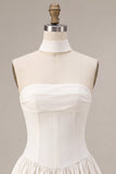 White Strapless A Line Short Corset Graduation Dress with Neck Scarf