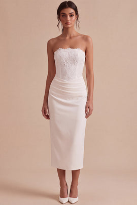 White Sheath Strapless Ruched Midi Wedding Dress with Lace