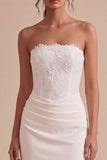 White Sheath Strapless Ruched Midi Wedding Dress with Lace