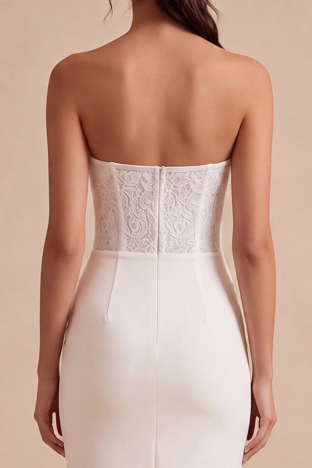 White Sheath Strapless Ruched Midi Wedding Dress with Lace