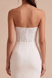 White Sheath Strapless Ruched Midi Wedding Dress with Lace