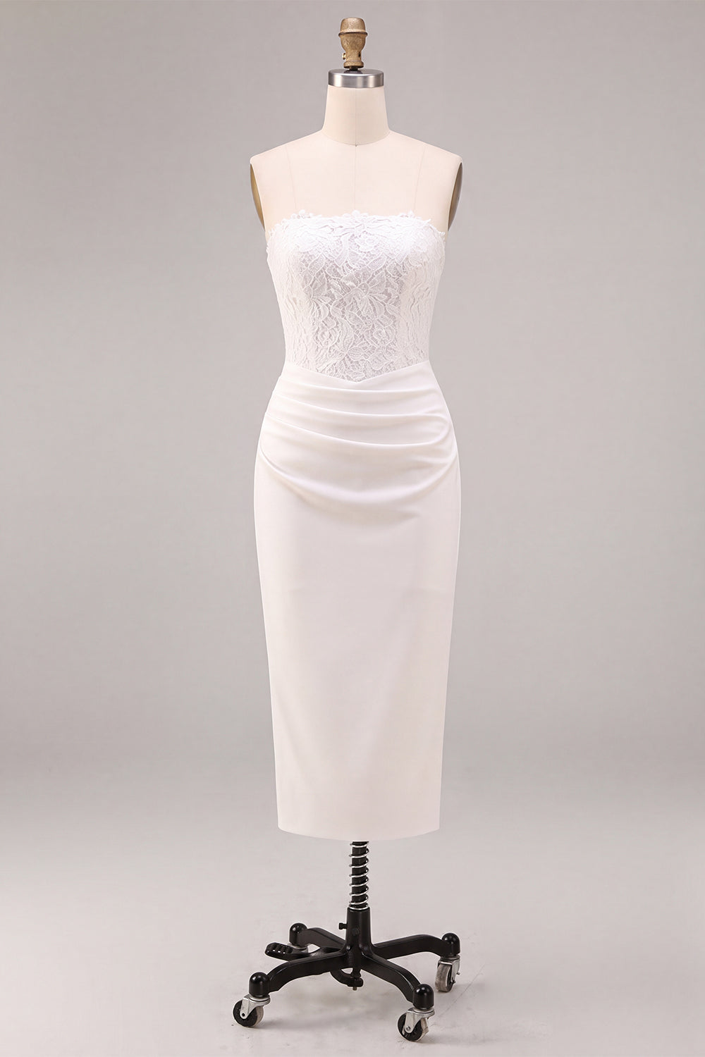 White Sheath Strapless Ruched Midi Wedding Dress with Lace