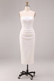White Sheath Strapless Ruched Midi Wedding Dress with Lace
