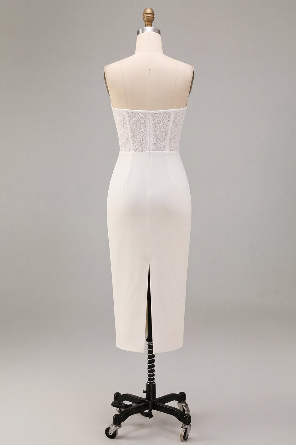 White Sheath Strapless Ruched Midi Wedding Dress with Lace