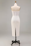 White Sheath Strapless Ruched Midi Wedding Dress with Lace