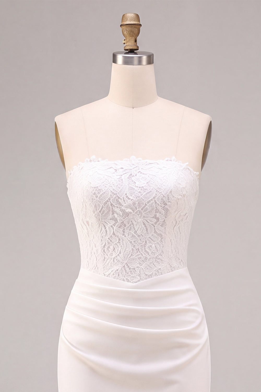 White Sheath Strapless Ruched Midi Wedding Dress with Lace