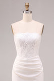 White Sheath Strapless Ruched Midi Wedding Dress with Lace