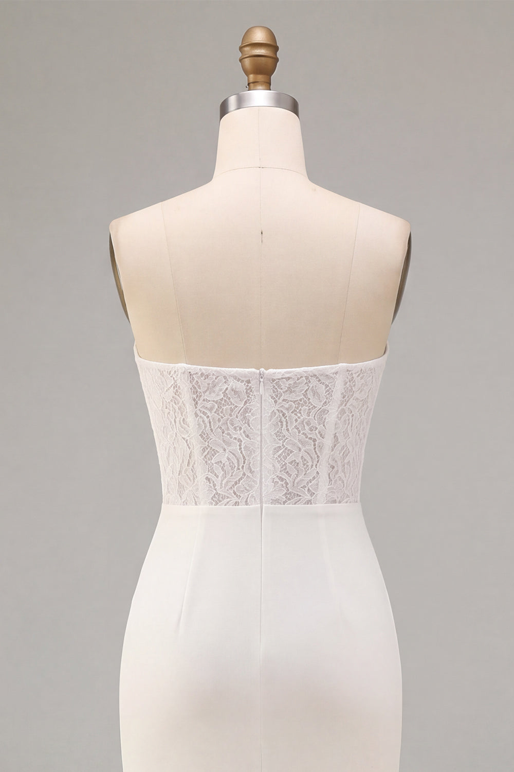 White Sheath Strapless Ruched Midi Wedding Dress with Lace