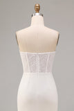 White Sheath Strapless Ruched Midi Wedding Dress with Lace