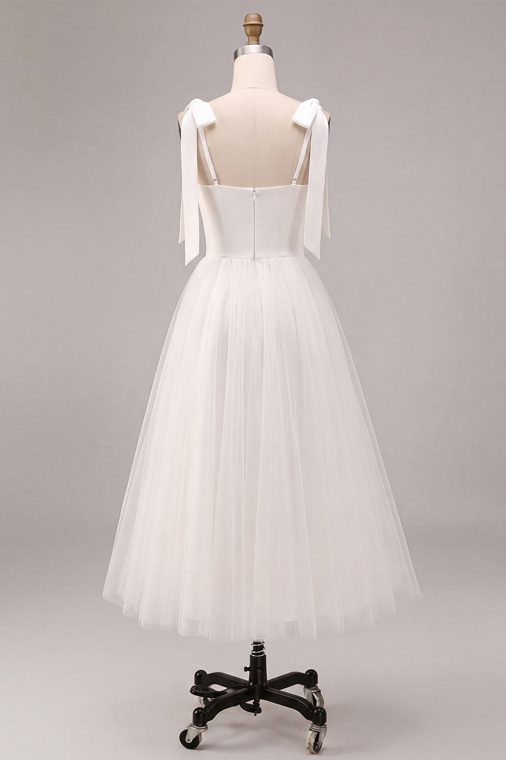 White A-Line Square Neck Midi Boho Wedding Dress with Bow
