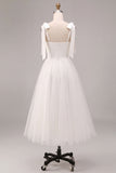 White A-Line Square Neck Midi Boho Wedding Dress with Bow