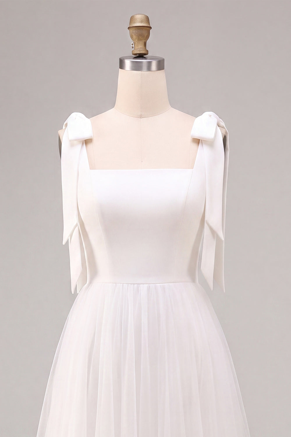 White A-Line Square Neck Midi Boho Wedding Dress with Bow