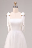 White A-Line Square Neck Midi Boho Wedding Dress with Bow