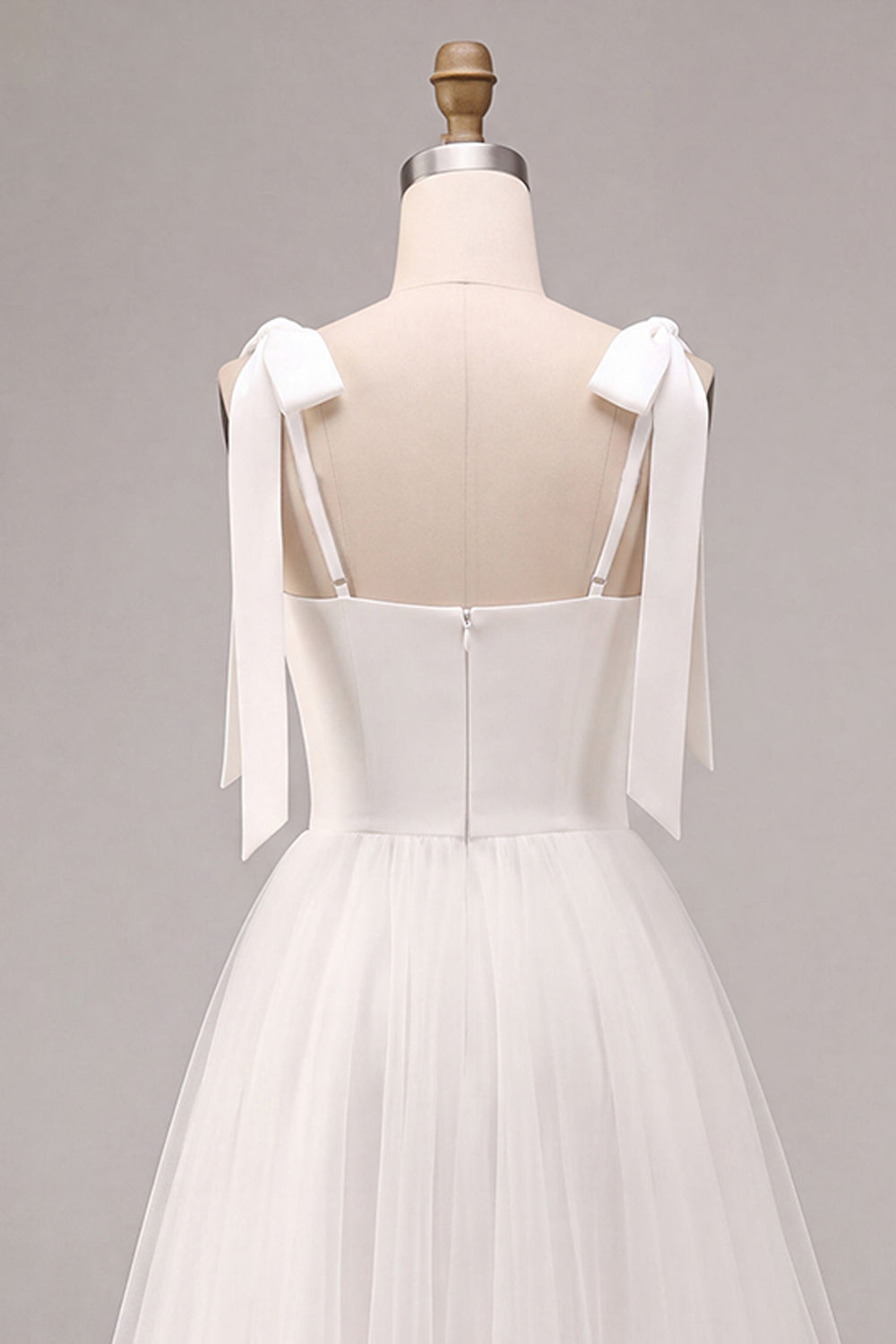 White A-Line Square Neck Midi Boho Wedding Dress with Bow