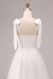 White A-Line Square Neck Midi Boho Wedding Dress with Bow