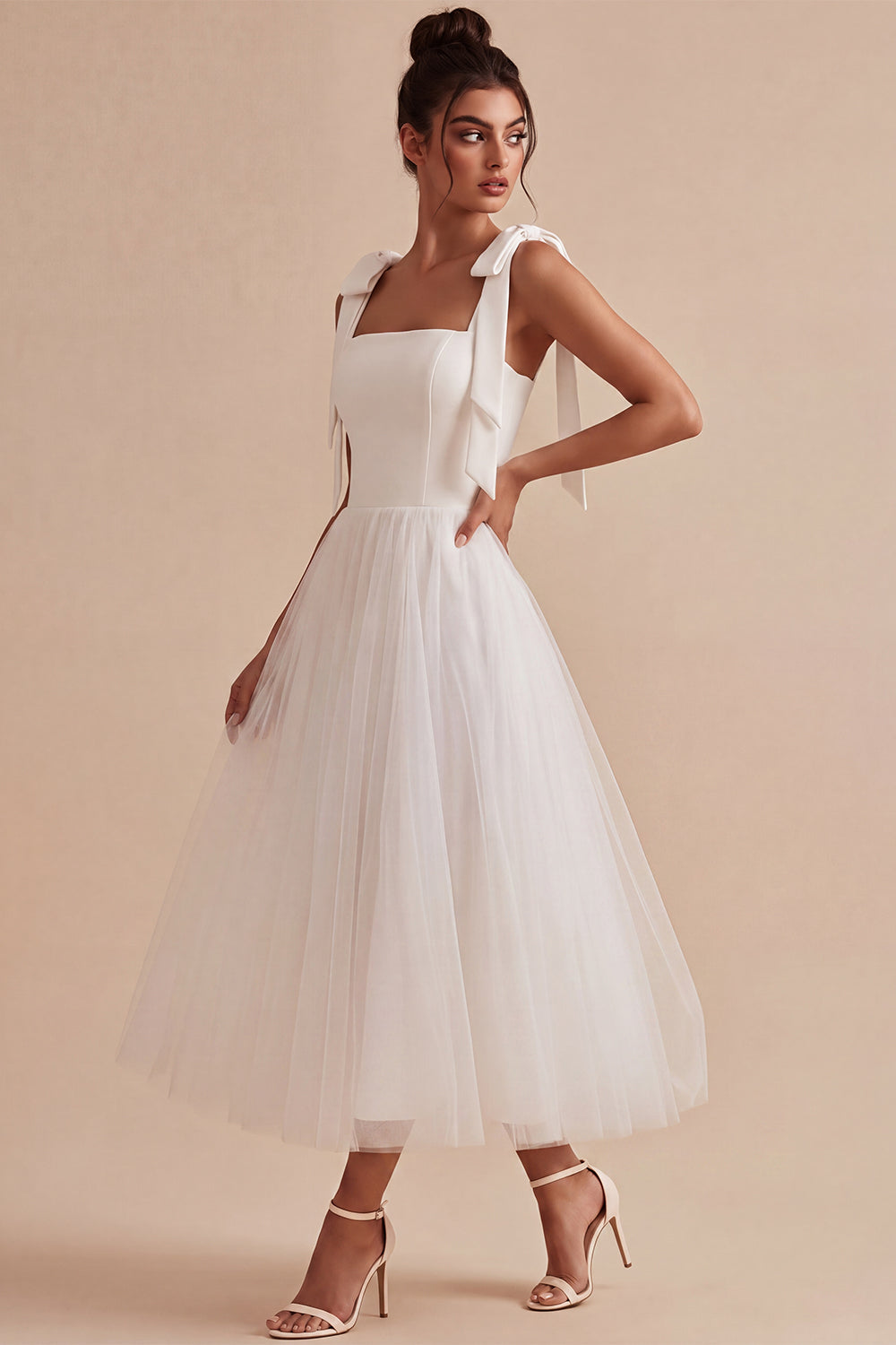 White A-Line Square Neck Midi Boho Wedding Dress with Bow