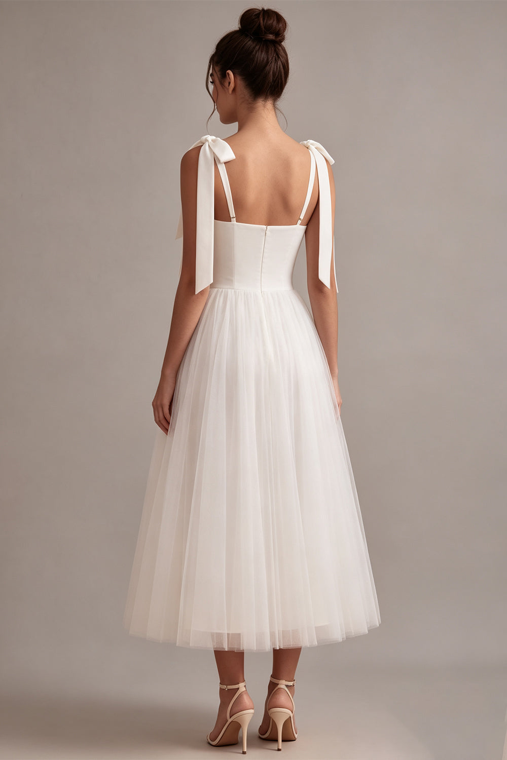 White A-Line Square Neck Midi Boho Wedding Dress with Bow