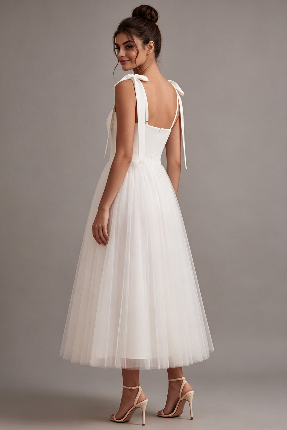 White A-Line Square Neck Midi Boho Wedding Dress with Bow
