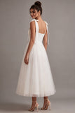 White A-Line Square Neck Midi Boho Wedding Dress with Bow