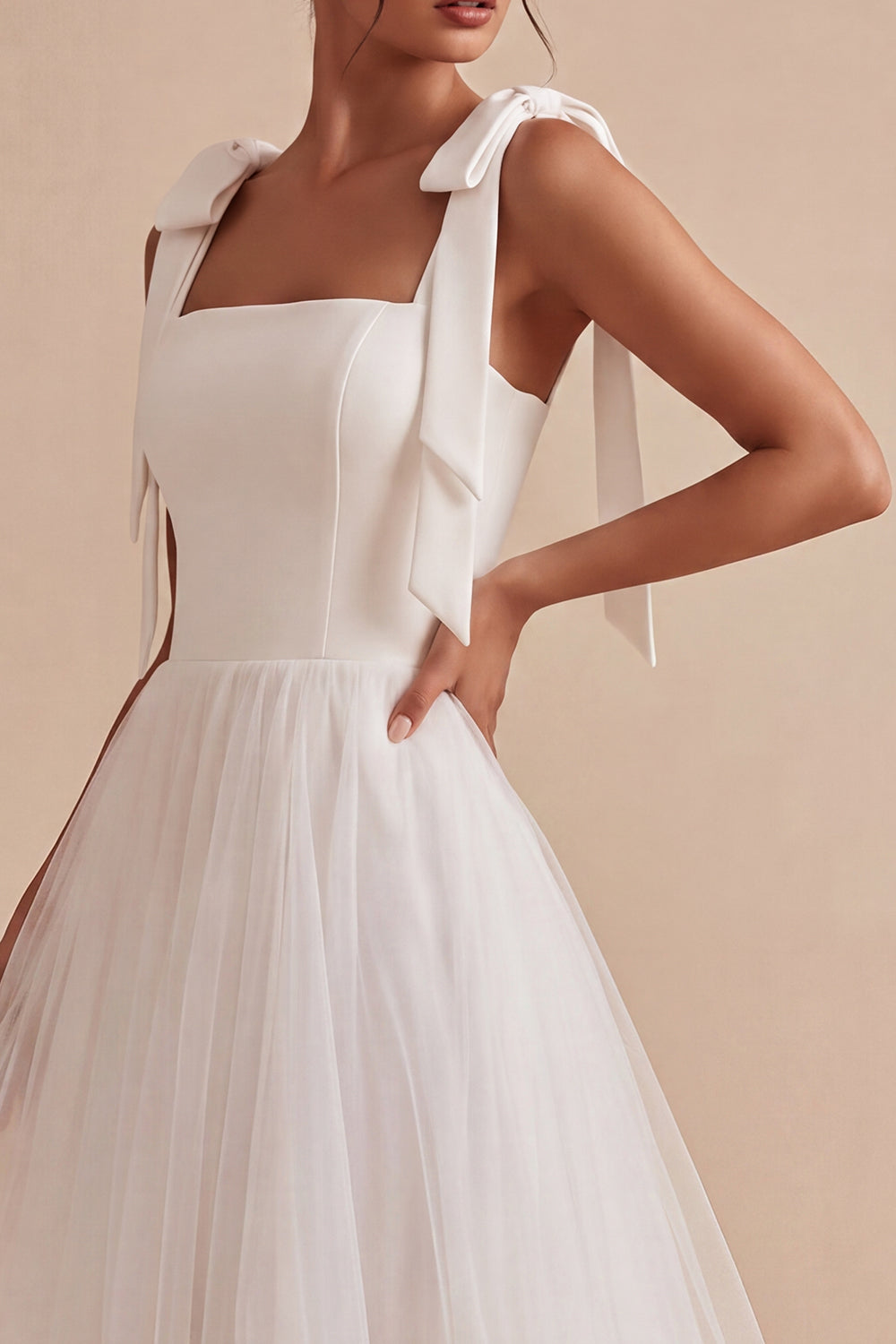 White A-Line Square Neck Midi Boho Wedding Dress with Bow