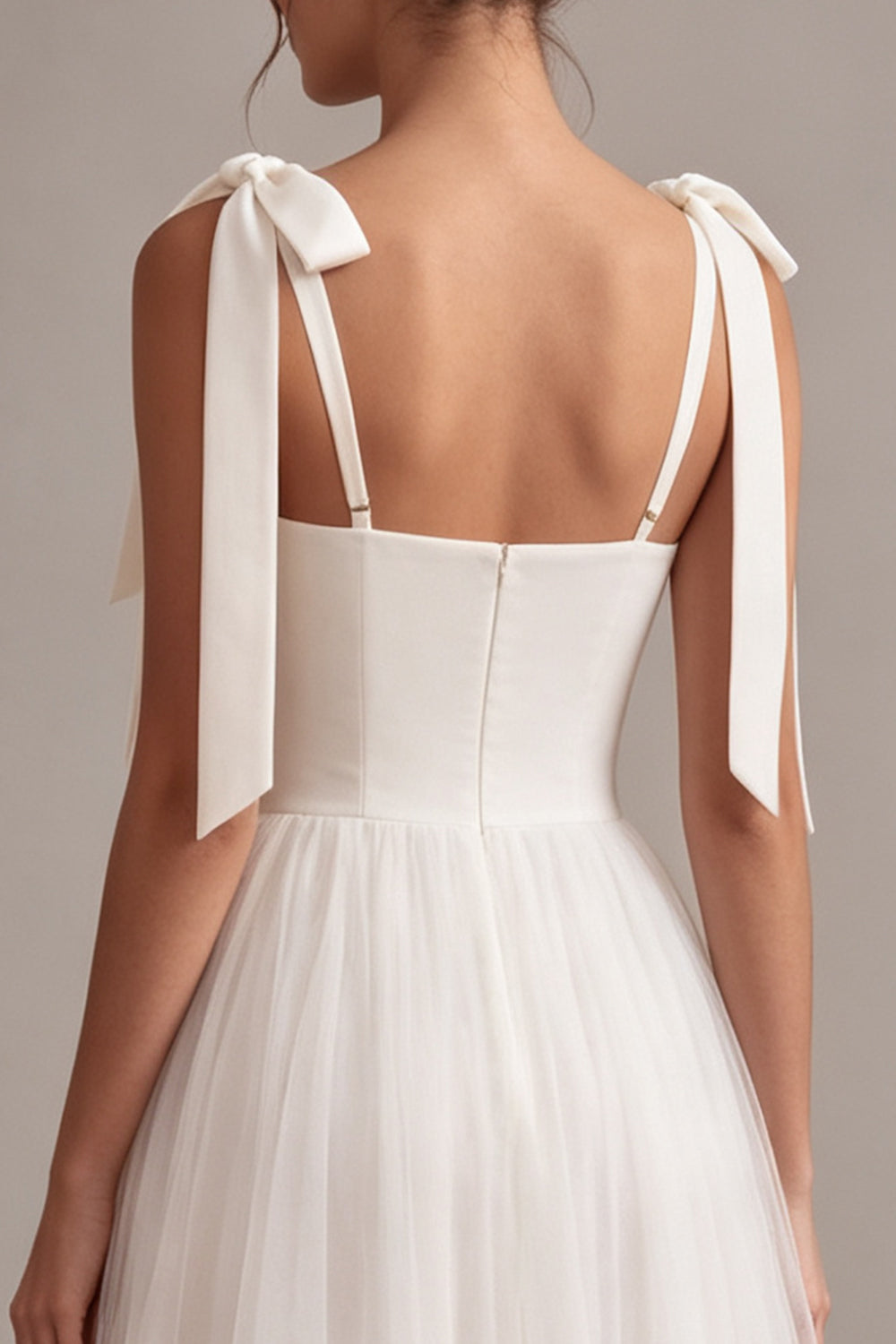 White A-Line Square Neck Midi Boho Wedding Dress with Bow